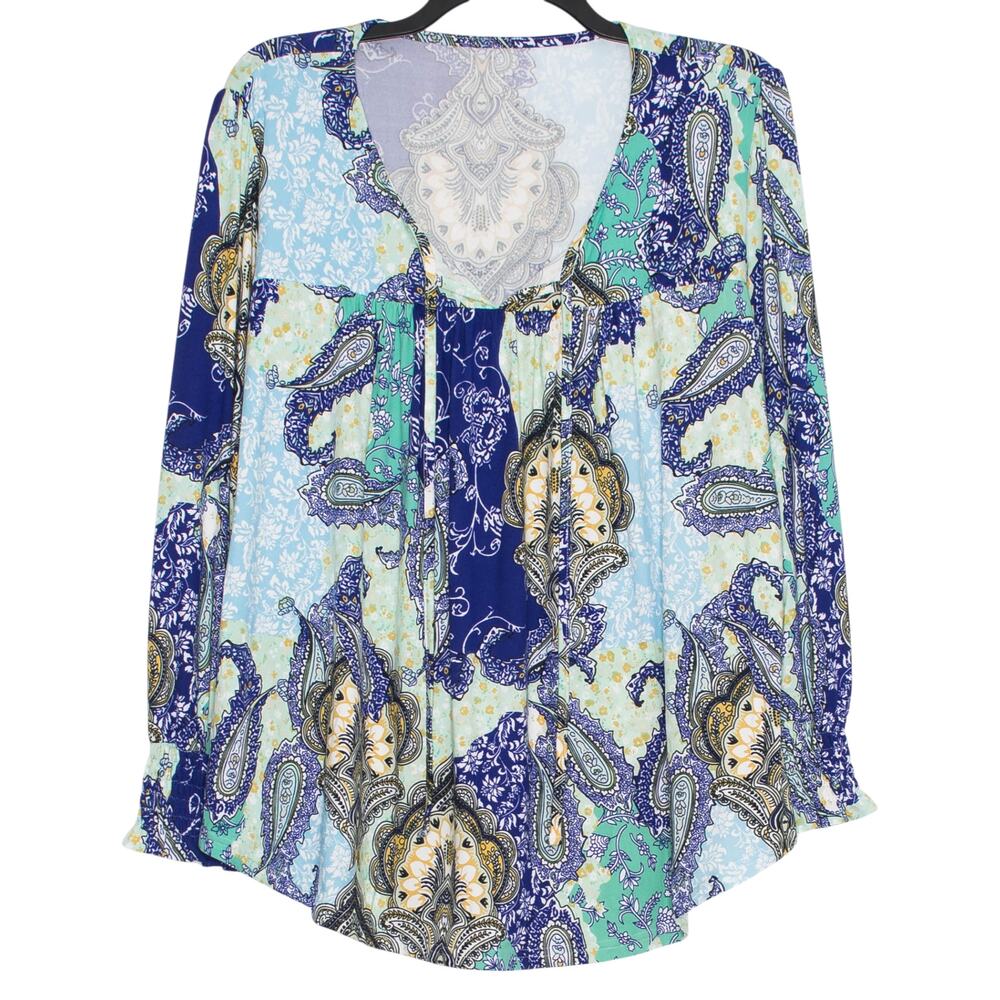 Tunic Top Paisley Blue 2XL Tie Neck‎ Oversized Stretch Boho Coastal Resort Flowy